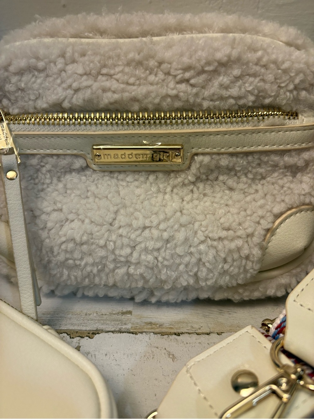 Madden Girl Cream Sherpa Crossbody with Detachable Patterned and Solid Straps - Picture 2 of 6